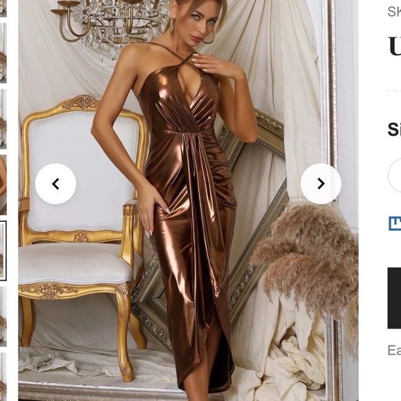 SHEIN Dresses & Skirts - Bronze Metallic Ruched Drape Front Dress w/ Cutout, Front Split,Asymmetrical Hem